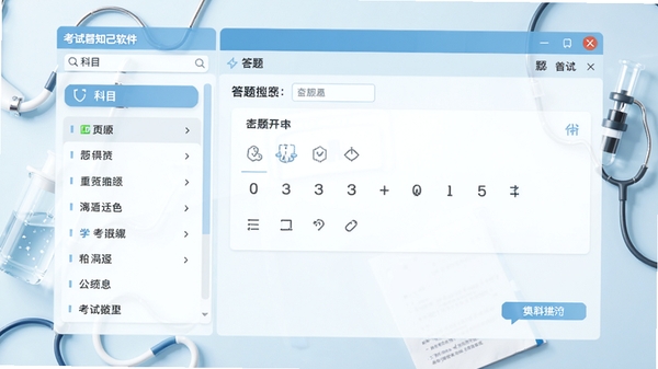考试知己软件主界面预览图,展示左侧科目列表与右侧答题区域,背景为淡蓝色医学风格,画面干净明亮