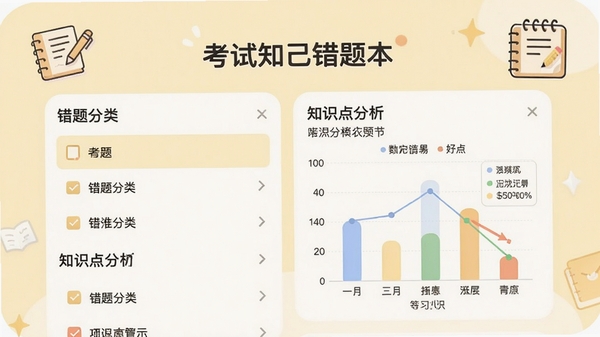 考试知己错题本界面,展示错题分类列表与知识点分析图表,背景为淡黄色柔和色调,配有学习笔记图标