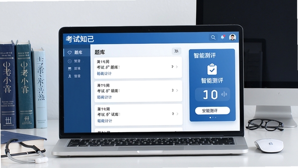 考试知己主界面预览,展示清晰的题库列表和智能测评功能,背景为简洁的医学书籍与电脑桌面,整体色调以蓝色和白色为主,风格专业且现代