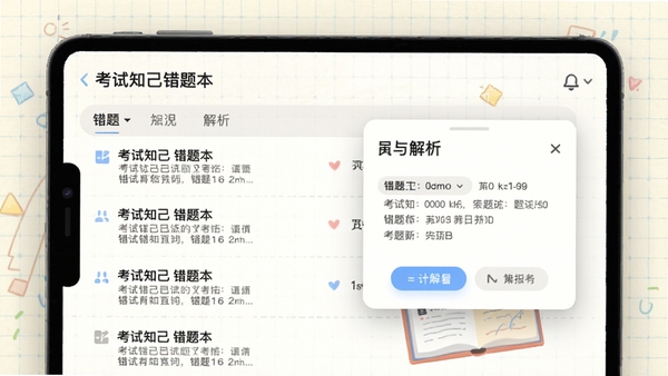 考试知己错题本界面,展示错题列表与解析弹窗,背景为柔和的网格纸纹理,整体风格简洁明快