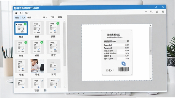 神奇通用收据打印软件主界面预览图,左侧为模板列表,右侧为预览区域,背景为干净的办公桌面,整体色调清爽明亮,突出软件的专业与易用性