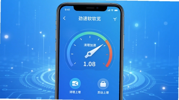 劲速软件主界面预览图,手机屏幕显示清理加速仪表盘,背景为渐变蓝色科技感氛围,主体突出,图标清晰,整体风格简洁明亮