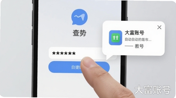 手机屏幕上显示一个登录页面,手指点击后密码框自动填入星号,旁边弹出大富账号的自动填充提示气泡,背景为浅灰色,突出便捷性和智能化,软件名称大富账号以水印形式出现在角落。