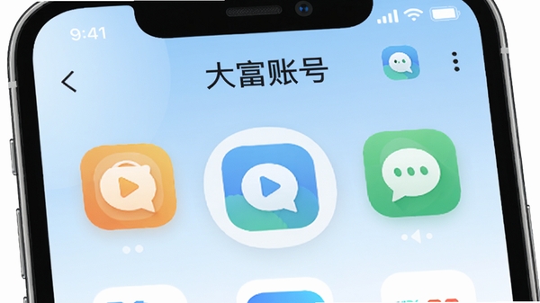 现代简约风格的手机应用界面展示,屏幕中央显示大富账号主界面,有多个彩色图标代表不同应用账号,背景为淡蓝色渐变,整体画面清晰明亮,突出账号管理核心功能,软件名称大富账号出现在界面顶部。