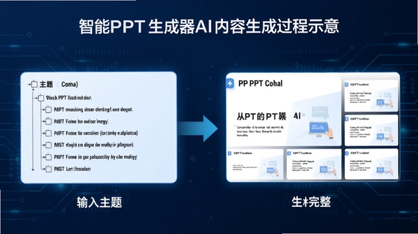 智能PPT生成器AI内容生成过程示意,展示从输入主题到生成完整PPT页面的流程,画面包含文字大纲和生成后的幻灯片缩略图,背景为科技感蓝色调