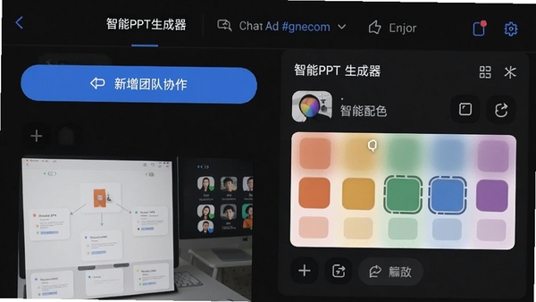 智能PPT生成器手机端编辑页面截图,显示新增的团队协作按钮与智能配色面板,背景为暗色模式界面,展示软件新功能细节