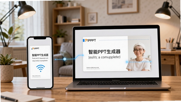 智能PPT生成器多设备同步功能示意,展示手机与笔记本电脑并排摆放,屏幕中显示同步完成的PPT文件,背景为居家办公环境,画面强调连接与便捷