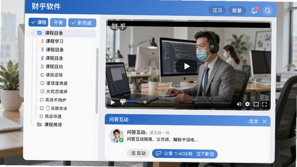 财乎软件主界面预览图,左侧为课程目录树,右侧为视频播放区域,下方有问答互动面板,整体采用蓝白配色,界面简洁现代,突出专业学习氛围,背景为办公场景虚化