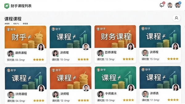 财乎课程列表页面,展示多门财务课程卡片,每张卡片包含课程封面、讲师头像、课时数与评分,界面采用网格布局,色彩明快,突出课程内容丰富性