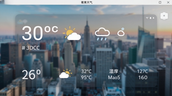 幂果天气软件主界面预览图,展示其简洁大气的桌面天气面板,背景为模糊的城市风景,前景清晰显示温度、天气状况、湿度及风力等核心数据,整体色调清新自然,符合现代桌面应用审美