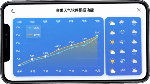 幂果天气软件预报功能展示图,画面中央为未来一周气温折线图与天气图标列表,背景是简约的渐变蓝色,突出数据可视化效果,整体风格专业且易于理解