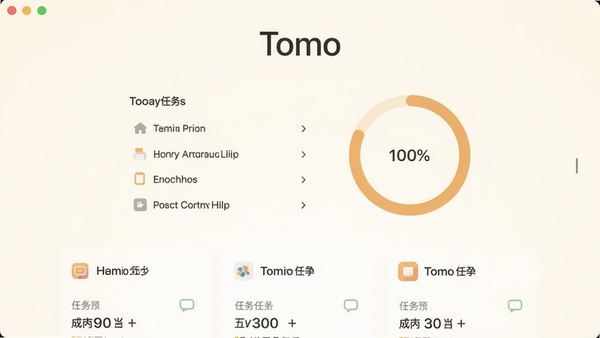 Tomo软件主界面预览图,极简风格,背景为柔和的米白色,中央显示今日任务列表和圆形进度环,界面干净清爽,无多余装饰,整体色调温暖明亮,突出软件名称Tomo,位于屏幕上方居中,下方为任务卡片,采用扁平化设计,符合Boogu模型生成要求