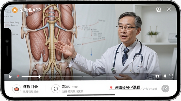 医咖会APP课程播放页面,屏幕上显示一位医学教授正在讲解解剖结构,视频下方有课程目录和笔记标注,界面清晰,画质细腻,体现专业教学氛围