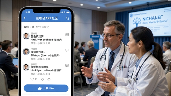 医咖会APP社区讨论页面,手机屏幕显示医生们正在讨论一个复杂病例,有评论和点赞按钮,界面友好,背景为医学会议场景,体现学术交流氛围