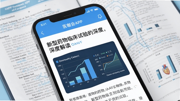 医咖会APP资讯阅读界面,手机屏幕展示一篇关于新型药物临床试验的深度解读文章,配有关键数据图表,背景为医学研究报告,风格清新专业