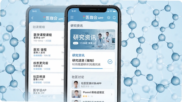 医咖会APP主界面展示,手机屏幕中显示医学课程列表、研究资讯板块和社区讨论区,背景为淡蓝色医学分子结构图,整体风格简洁专业,高清渲染