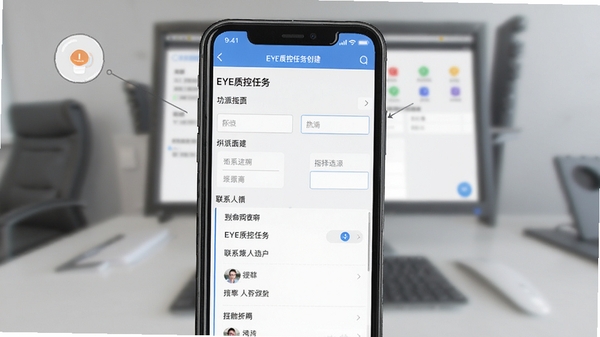 EYE质控任务创建与指派功能界面截图,手机屏幕显示表单填写与联系人选择列表,背景虚化处理,突出APP界面内容,图文并茂