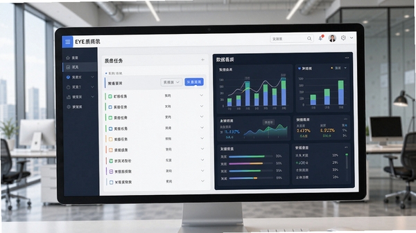 EYE质控软件主界面预览图,展示简洁的质检任务列表与数据看板,背景为现代化办公场景,界面元素清晰,风格写实,竖版构图