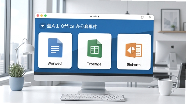 蓝山Office办公套件主界面预览图,展示文档、表格、演示三大模块的图标布局,背景为整洁的现代办公桌面,色调以蓝白为主,风格简洁明亮,突出软件的专业与高效。