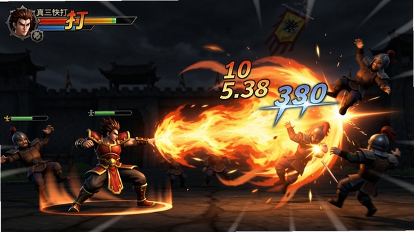 真三国快打战斗场景动态截图,一名玩家角色正在释放范围巨大的火焰必杀技,屏幕上有华丽的连击数字飘出,周围小兵被击飞,画面充满动感与视觉冲击力,技能光效以橙红色为主,与暗色背景形成鲜明对比,突出战斗的激烈与爽快
