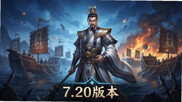 真三国快打新版本更新公告图,画面以蓝色调为主,中央展示新武将司马懿的全身立绘,背景是赤壁之战的水军战船与熊熊烈火,画面下方有“7.20版本”字样,整体风格精致,具有史诗感,符合版本更新宣传图的视觉特征