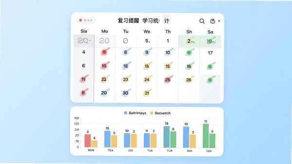 四色笔记软件的复习提醒与学习统计功能预览,画面中央显示一个日历视图,上面分布着红蓝黄绿四种颜色的提示点,下方为柱状统计图,背景是淡蓝色渐变,整体风格清新专业,突出数据可视化效果