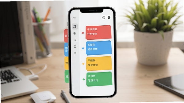 四色笔记软件主界面预览图,展示四色分类笔记列表,背景为浅灰色桌面,左侧有彩色分类标签栏,右侧笔记卡片按红蓝黄绿四种颜色排列,整体风格简洁明亮,突出高效管理氛围,画面主体为手机屏幕内的应用界面,背景为书桌与绿植,光线柔和,适合软件介绍场景