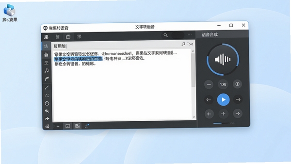一张现代简洁的电脑桌面截图,画面中央是幂果文字转语音软件的主界面,左侧为文本输入区域,右侧为语音合成控制面板,背景为淡雅的浅蓝色渐变,整体风格干净明亮,突出软件的易用性与专业性,画面中无人物,无文字水印