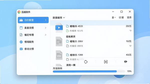 压缩宝软件主界面预览图,展示其简洁的拖拽式操作窗口,左侧为功能列表,右侧为文件列表与压缩进度条,背景为清爽的浅蓝色渐变,整体风格现代明快,高清渲染