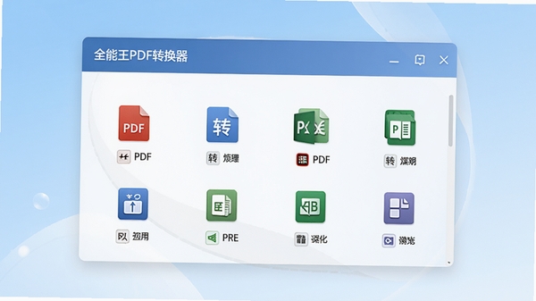 全能王PDF转换器主界面展示,背景为淡蓝色渐变,前景是简洁的软件操作窗口,窗口中整齐排列着PDF转Word、PDF转Excel等主要功能图标,整体风格现代明亮,高清渲染