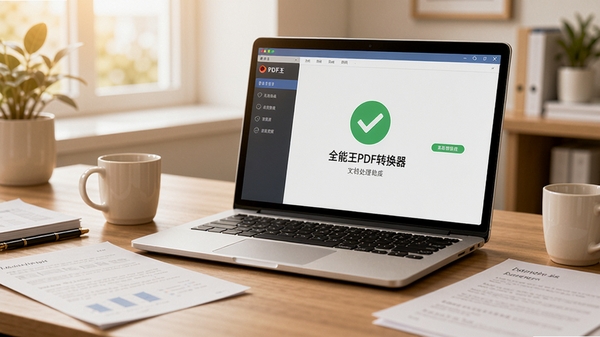 全能王PDF转换器文档处理场景图,桌面上摆放着笔记本电脑,屏幕显示软件转换完成的对勾提示,旁边散落着几份纸质文件,画面温馨明亮,体现办公效率提升