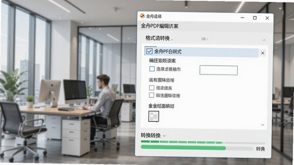 金舟PDF编辑器格式转换功能界面,展示选择输出格式的选项和转换进度条,背景为现代化办公场景