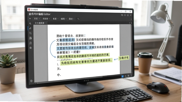 金舟PDF编辑器文本编辑功能操作界面,显示修改文字和添加高亮注释的效果,界面清晰,背景为工作桌面
