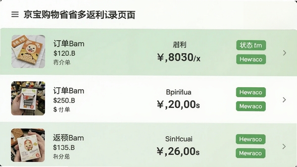 京宝购物省省多返利记录页面,列表显示订单商品缩略图、返利金额和状态标签,背景为浅绿与白色相间,突出收益数据,风格简约清晰,适配Boogu模型生成。