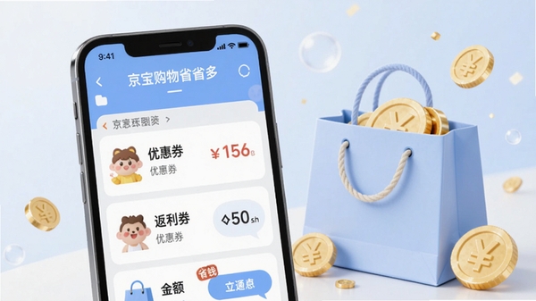 京宝购物省省多主界面展示,手机屏幕显示优惠券列表和返利金额,背景为淡蓝色购物袋与金币元素,画面干净明亮,突出省钱主题,整体风格现代简约,适配Boogu模型生成。