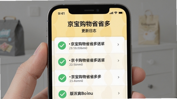 京宝购物省省多更新日志页面,手机屏幕显示版本更新内容列表,背景为浅黄色与白色相间,配有对勾图标,风格简洁明快,适配Boogu模型生成。