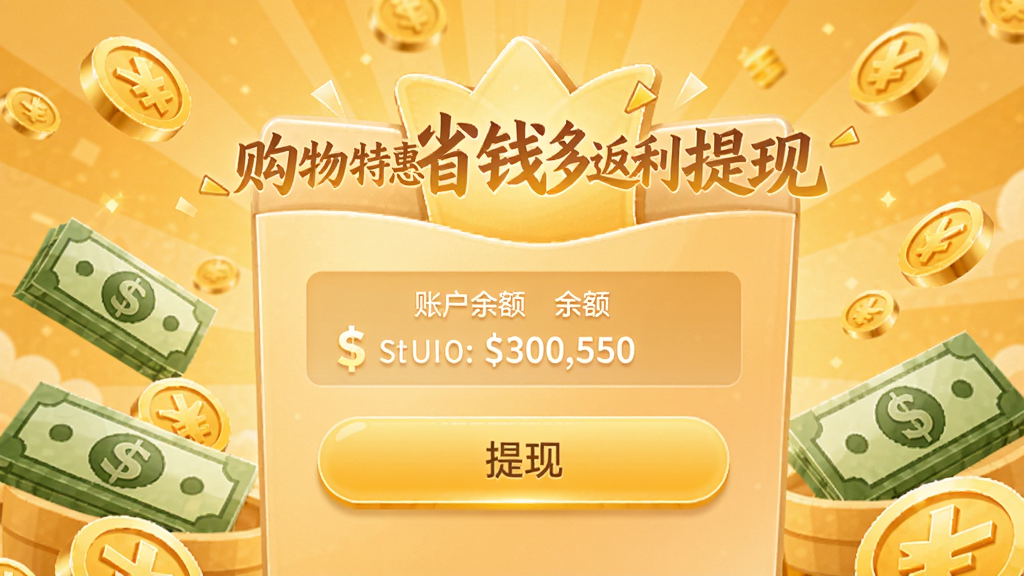 购物特惠省钱多返利提现页面,显示账户余额和提现按钮,背景有金币和现金图标元素,色调温暖明亮,突出收益到账的喜悦感