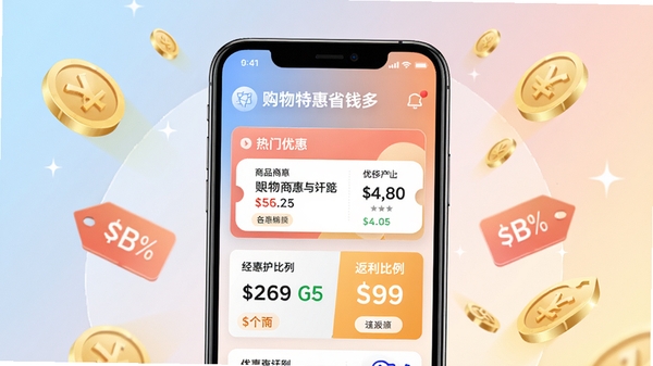 购物特惠省钱多软件主界面,展示热门商品优惠券和返利比例,背景为柔和渐变色,手机屏幕居中,周围有金币和折扣标签元素,整体风格明亮简洁,高清渲染
