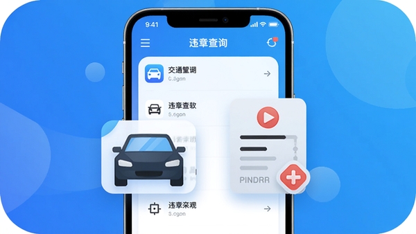 交通违章违规拍软件主界面预览图,手机屏幕显示违章查询结果列表,背景为简洁的蓝色渐变,前景突出车辆与罚单图标,整体风格现代清晰,适合作为应用展示封面