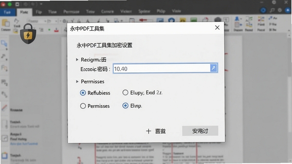 永中PDF工具集加密设置对话框,显示密码输入框与权限选项,背景为模糊的PDF文档,强调安全保护概念,风格简洁明了