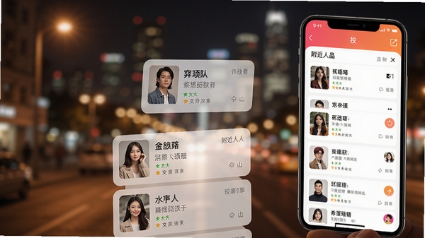附近陌陌约会软件主界面预览图,手机屏幕显示附近的人列表,背景是模糊的城市夜景,暖色调灯光,人物头像卡片清晰,整体风格现代简洁,突出社交氛围