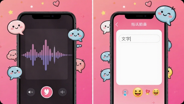 附近陌陌约会互动功能展示,手机界面分割为两个部分,左边是语音聊天波形图,右边是文字输入框和表情图标,背景是粉色渐变,卡通气泡元素点缀,整体活泼明快