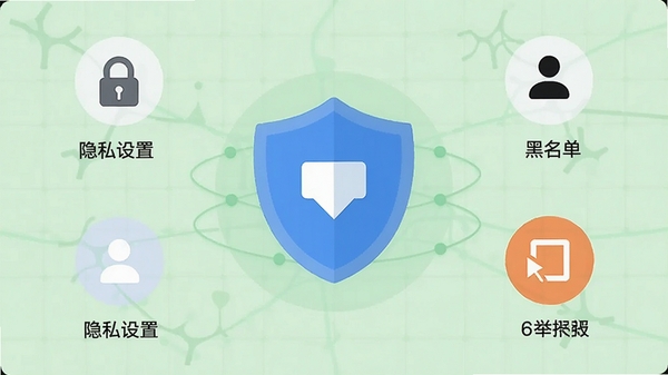 附近陌陌约会安全中心界面,盾牌图标位于中央,周围有隐私设置、黑名单、举报入口等图标,背景是淡绿色网格,给人一种安全可靠的感觉,扁平化设计风格