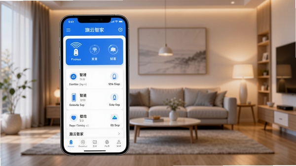 智能家居控制软件旗云智家手机界面预览图,画面中央是一个现代简约风格的客厅,背景虚化处有柔和的暖色灯光,前景手机屏幕清晰显示设备控制列表,整体色调科技蓝搭配白色背景,风格简洁明亮,高清渲染图