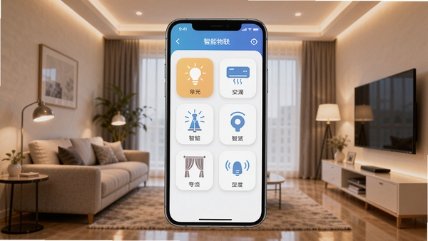 至尚物联app主界面预览图,画面中央是一部智能手机,屏幕中显示智能家居控制面板,包含灯光、空调、窗帘等设备图标,背景是简约现代风格的客厅,暖色调灯光,整体画面清晰明亮,突出智能互联的氛围