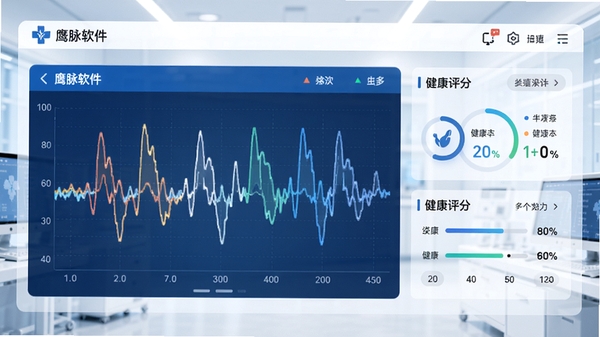 鹰脉软件主界面,展示脉象波形图与健康评分,背景为简约医疗风格,色调以蓝色和白色为主,界面清晰,数据可视化图表,科技感与中医元素结合,整体画面明亮通透,细节丰富,适配竖屏手机展示,高清渲染