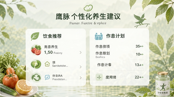 鹰脉个性化养生建议界面,展示饮食推荐与作息计划,背景为清新自然风格,配以蔬果与运动图标,整体色调柔和,信息布局清晰,强调实用性与生活化,高清展示,适合健康养生主题