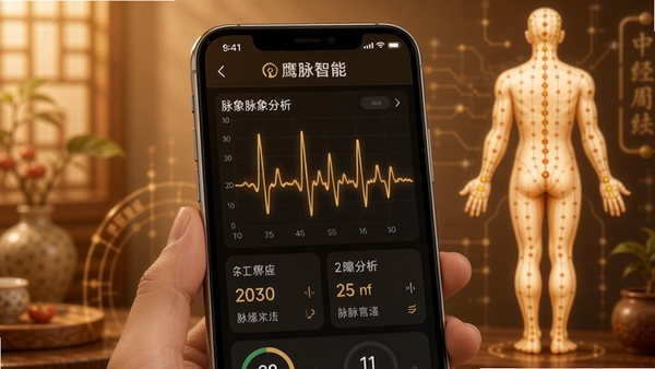 鹰脉智能脉象分析界面,手机屏幕显示脉搏波形图与各项指标数值,背景虚化,突出数据展示,配以中医经络人体图元素,整体色调温暖,科技感与中医传统结合,高清细节,界面友好,适合移动端展示
