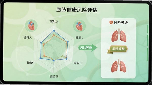 鹰脉健康风险评估页面,展示雷达图与风险等级标识,背景为渐变浅绿色,配以心脏、肺等器官图标,整体风格简洁专业,数据可视化丰富,强调健康管理理念,高清渲染,适合健康类应用展示