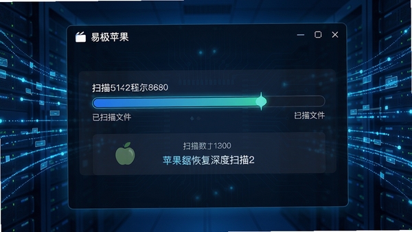 易极苹果数据恢复深度扫描过程示意图,界面显示进度条和已扫描文件数量,背景为数据流动的蓝色光效,体现技术感与高效性